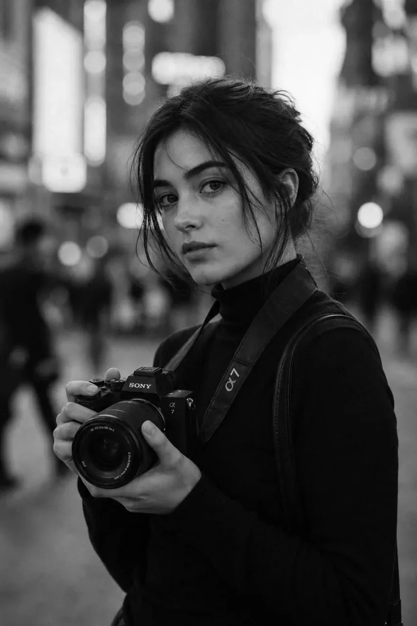 A cinematic black-and-white street portrait of a young woman photographer standing in a city street,