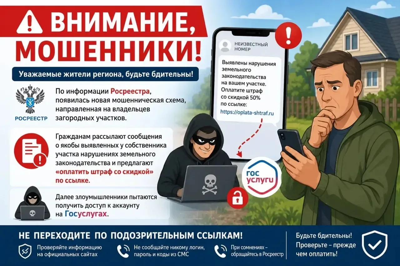 ❗️Внимание, мошенники❗️  Уважаемые жители региона!  По информации Росреестра, появилась  новая мошен