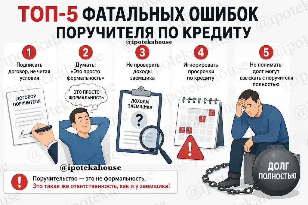 🔝5 фатальных ошибок поручителя по кредиту - инфокартинка ©ipotekahouse #ипотека #поручитель