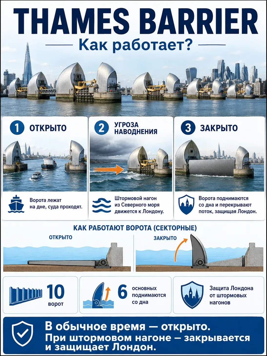 Thames Barrier построили после сурового урока Северного моря.   В 1953 году штормовой нагон затопил 