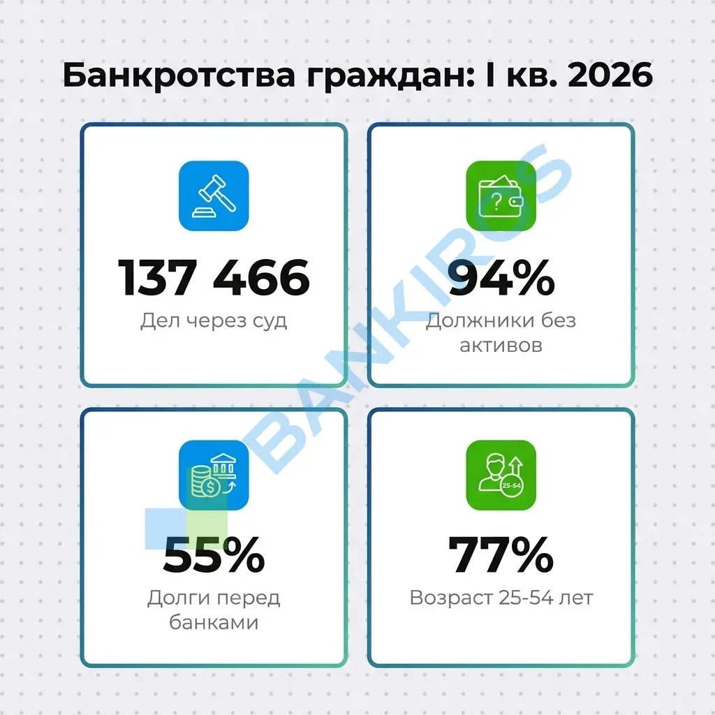 😮Более 137 тысяч россиян стали банкротами в первом квартале 2026 года. По данным Федресурса, рост чи