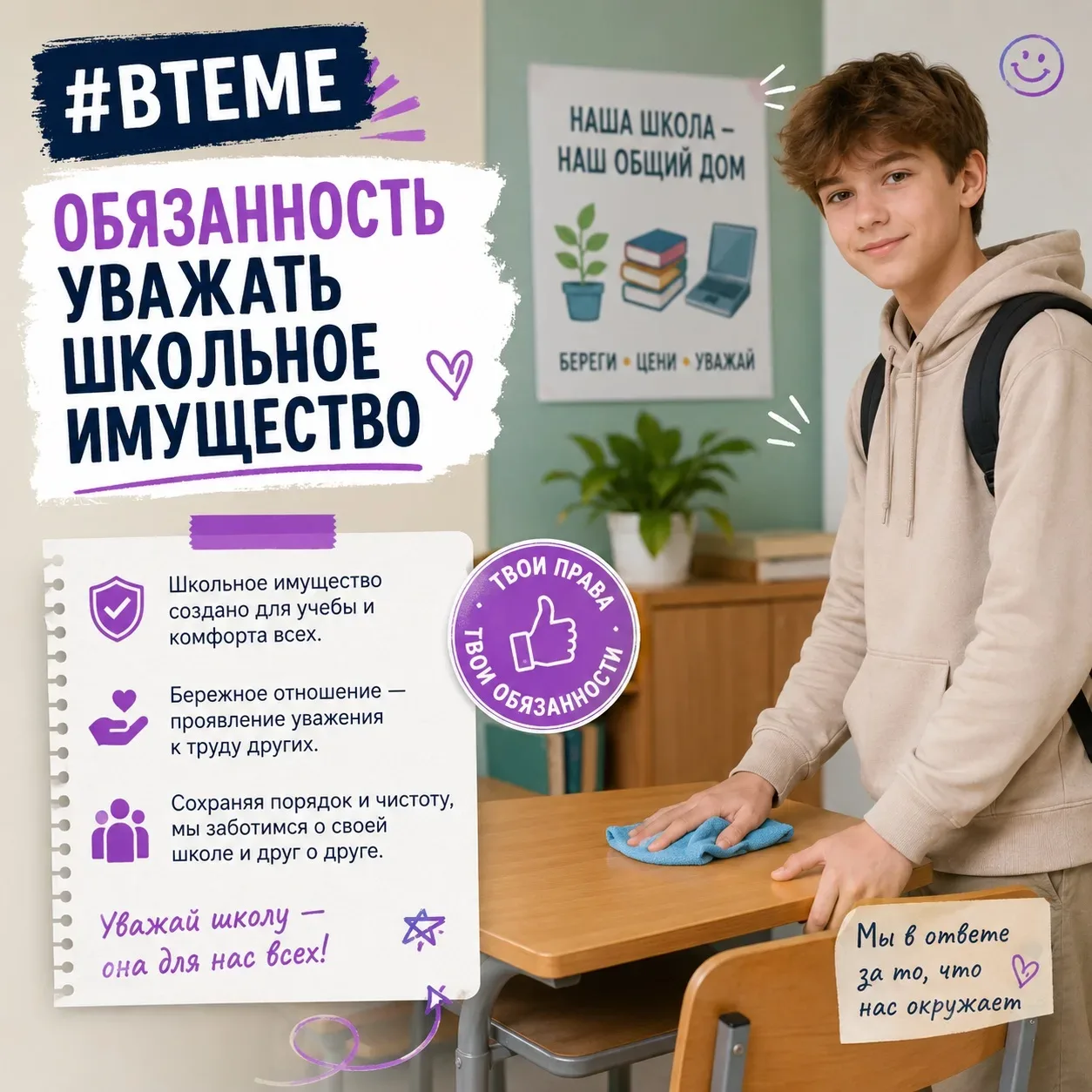 РУБРИКА #ВТЕМЕ  Обязанность уважать школьное  имущество 🫵🏻  «Я сломал стул — ну и что, школа богатая
