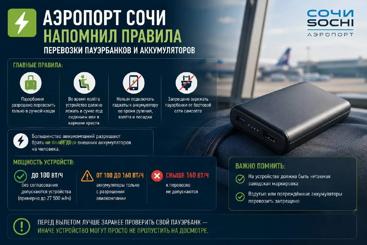 🔋Аэропорт Сочи напомнил правила перевозки пауэрбанков и аккумуляторов  ✈️На фоне обновлённых требова