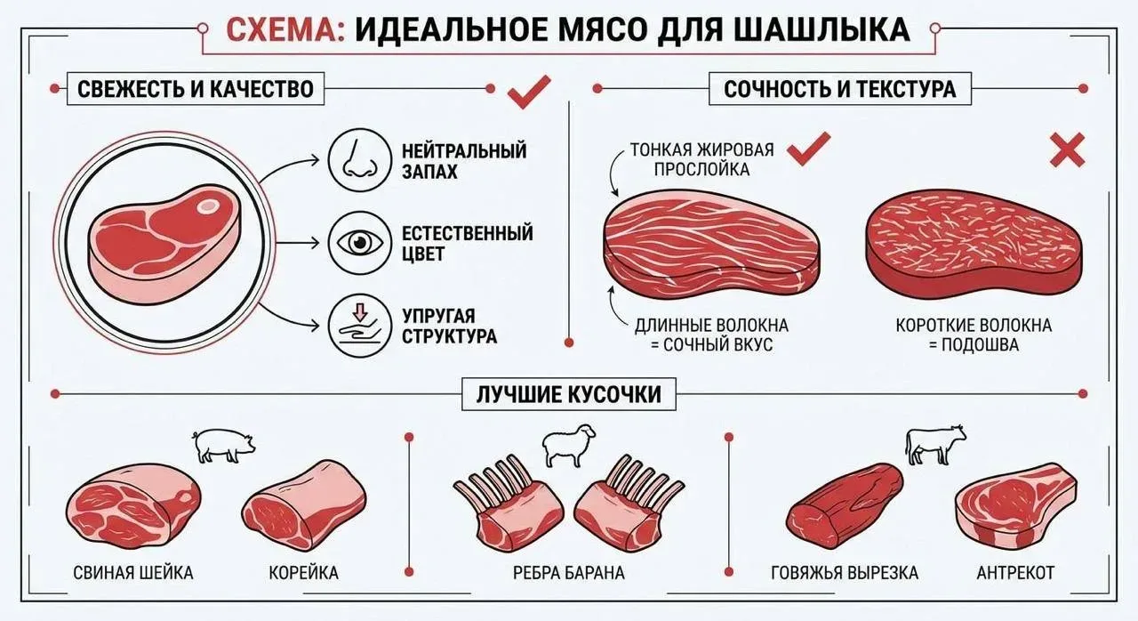 В сети завирусился гайд по выбору идеального мяса для шашлыка   ▪️Свежее мясо имеет естественный цве