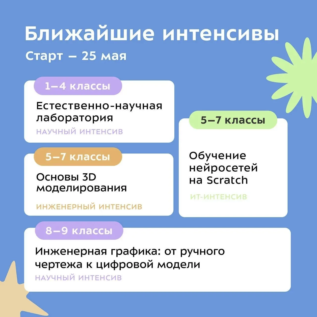 🚀 Летние инженерные интенсивы возвращаются!  Первые смены стартуют уже в конце мая. Стоимость смены 