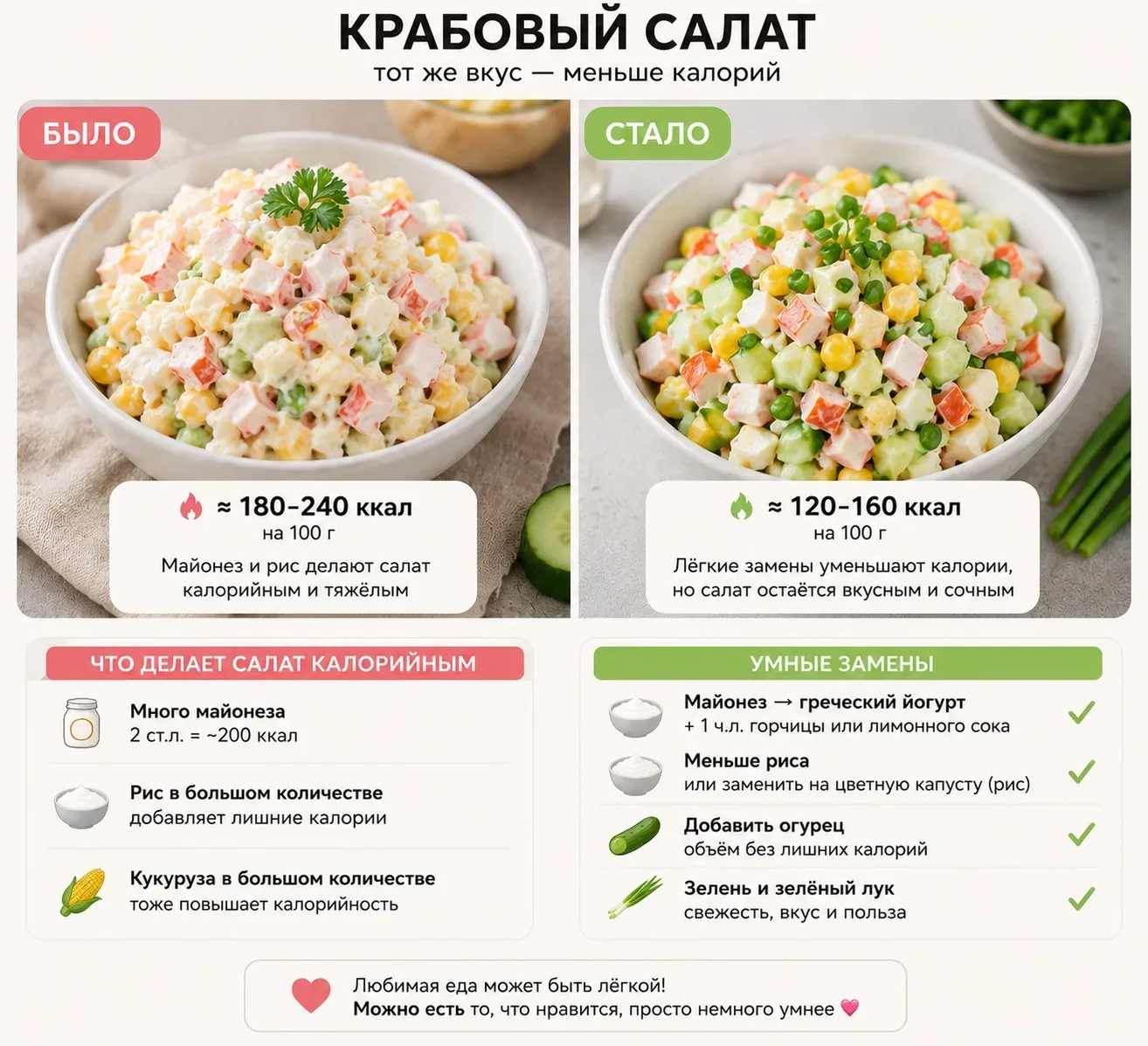 Привет 🌸 Сделала разбор твоих любимых салатов без запретов и «ешь только гречку» 😄 🥗 Оливье — ~220–2