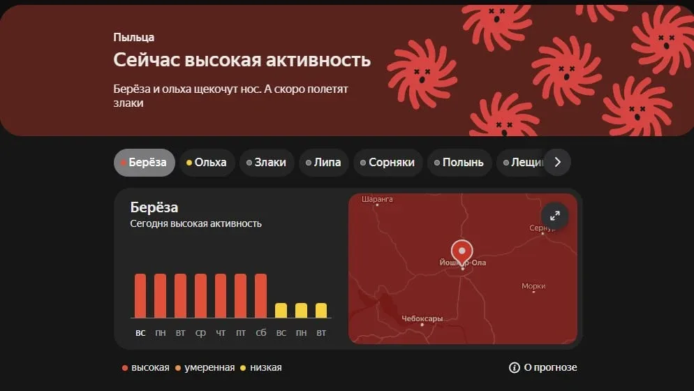 🤧 Высокая активность пыльцы березы замечена в регионе.   Основные симптомы аллергии:      ⚪ чихание 