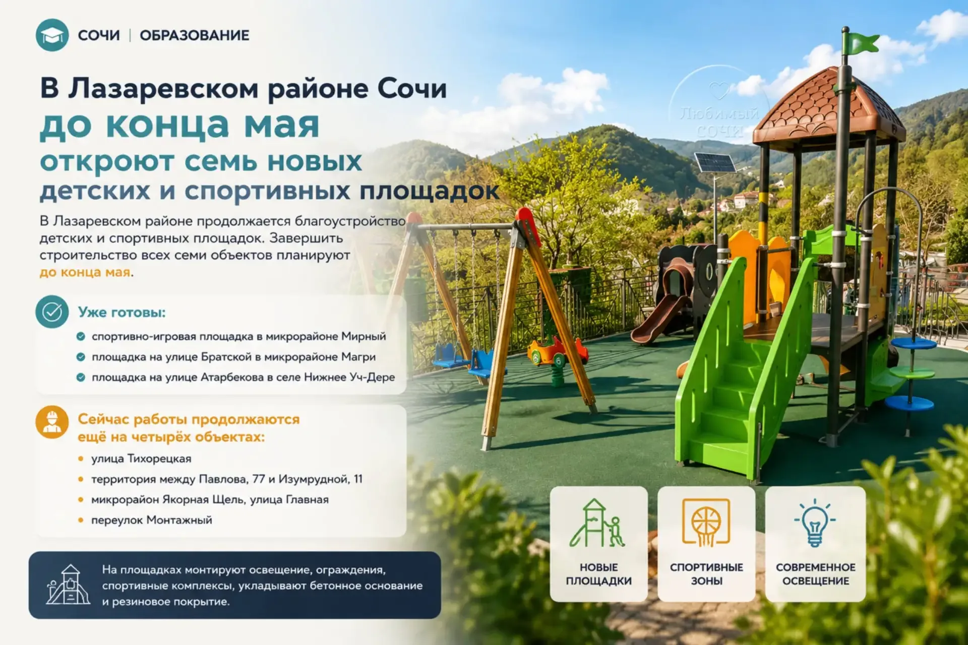 В Лазаревском районе Сочи до конца мая откроют семь новых детских и спортивных площадок  В Лазаревск