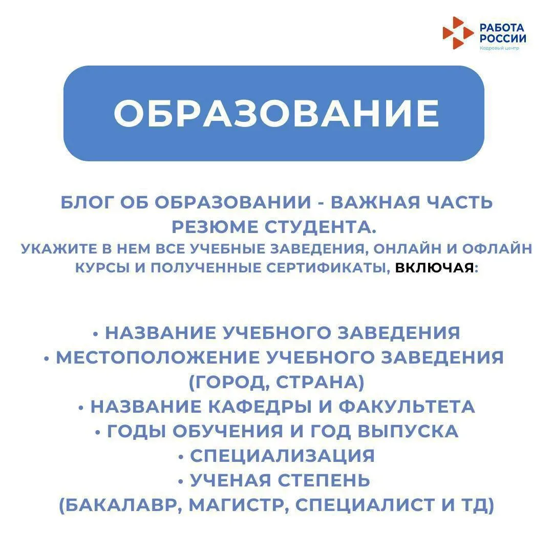 Уважаемые студенты! 🎓 Мы подготовили для вас карточки с полезными советами по созданию первого резюм