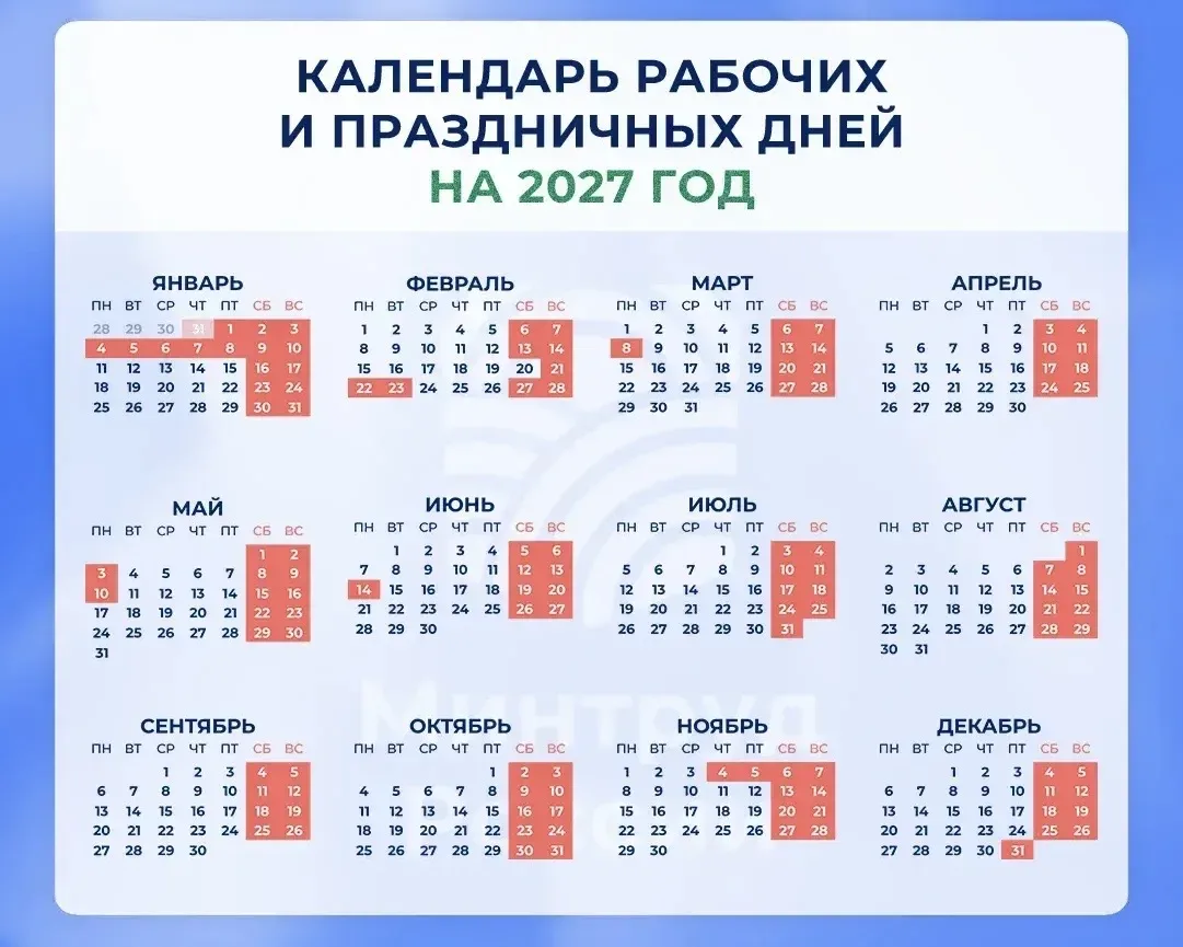 Новогодние праздники в 2027 году продлятся 11 дней  📆 Минтруд России представил календарь праздничны