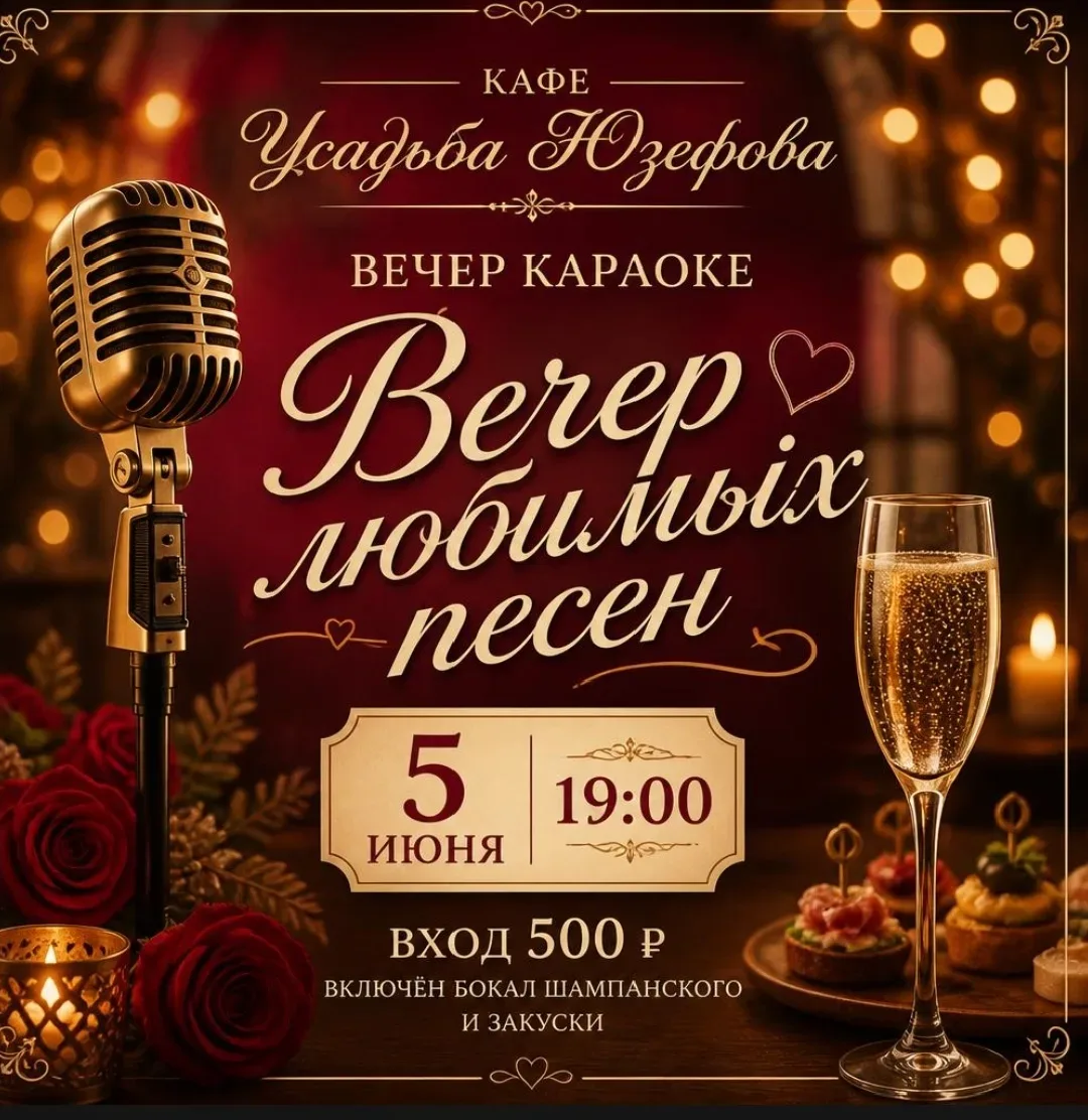 Приглашаем вас в уютную атмосферу музыки, эмоций и любимых песен 🎤✨ 5 июня в 19:00 «Усадьба Юзефова»