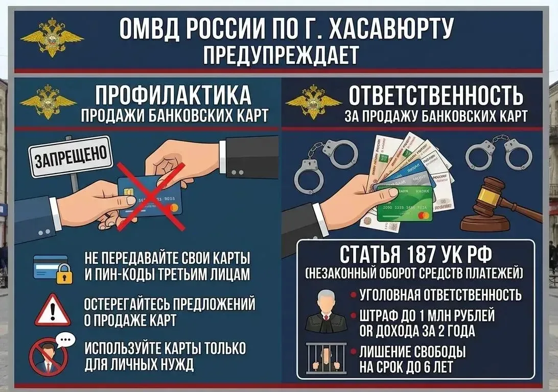 📢 ОМВД России по г. Хасавюрту предупреждает: твоя карта — не товар!  ​Продажа или передача банковско
