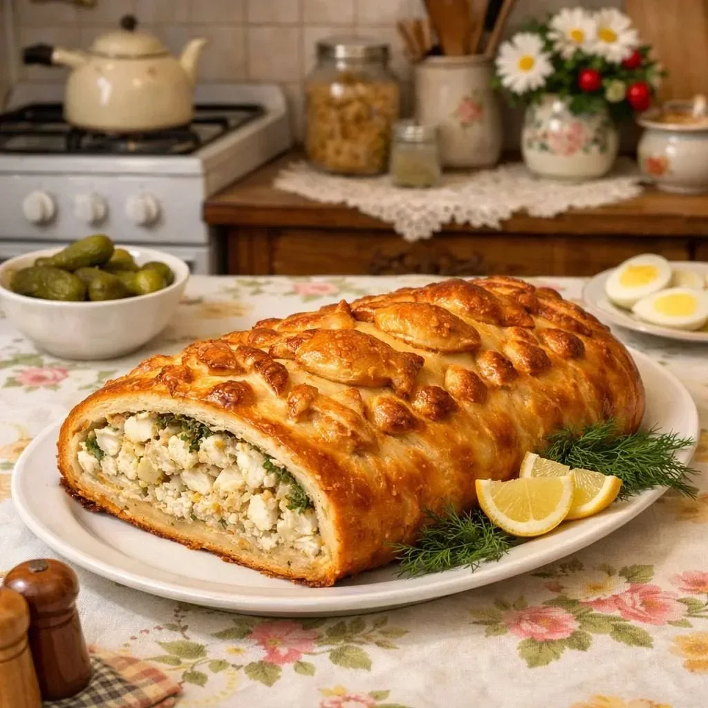 🥧 КУЛЕБЯКА С РЫБОЙ  Нам понадобится  • Слоёное тесто — 500 г • Рыба отварная (минтай, треска) — 400 