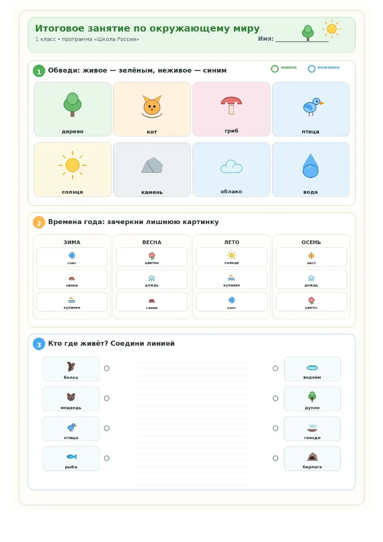 Итоговая работа по окружающему миру для 1 класса. Подготовила для своих первоклашек, завтра проведу 