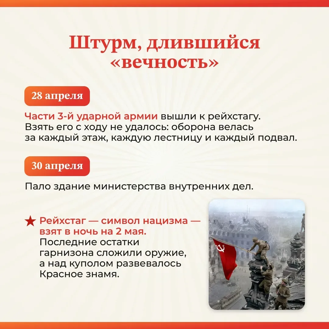 Шаг до Победы: 2 мая 1945 года 🎖️  Сегодня мы вспоминаем одну из самых значимых дат мировой истории.