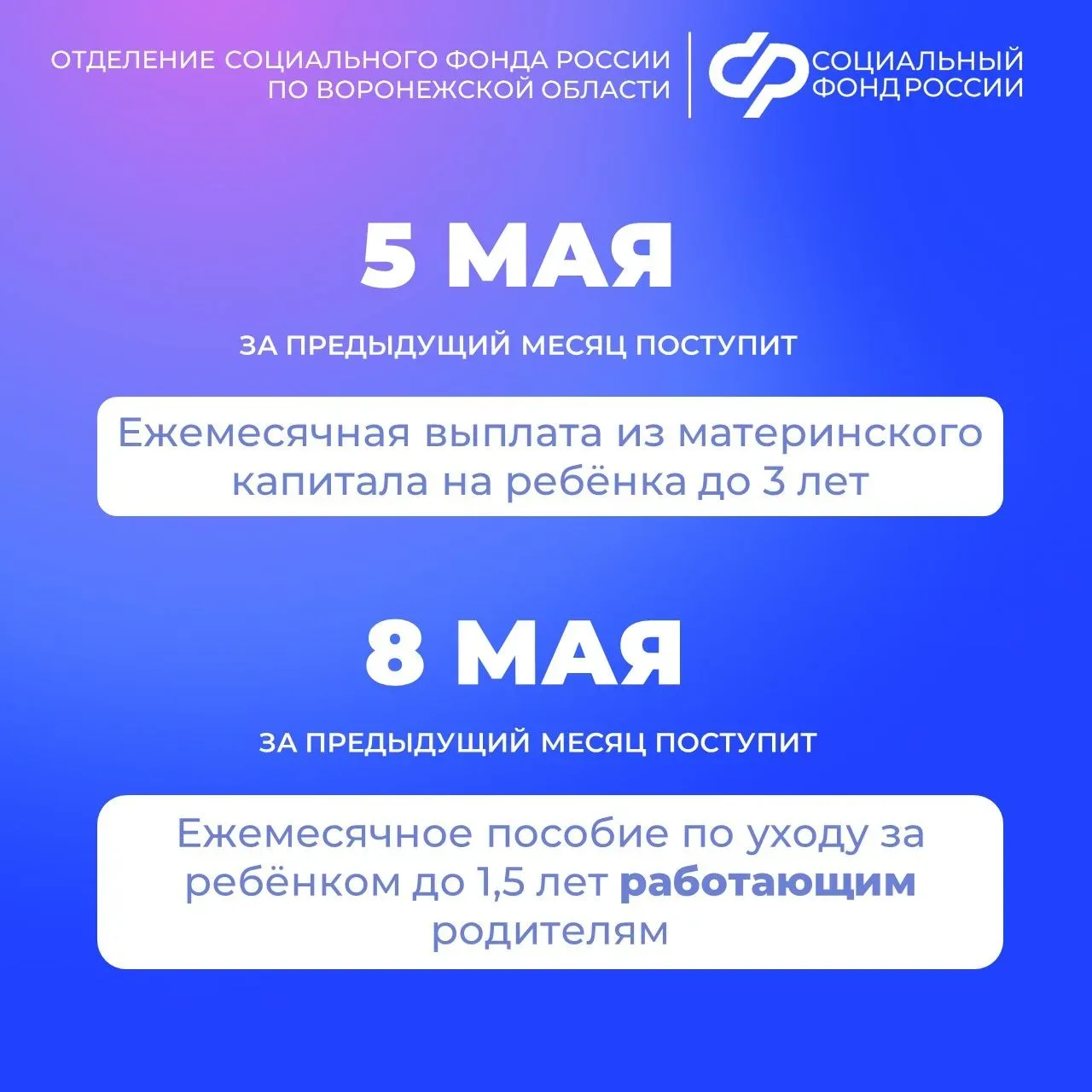 ❗В связи с предстоящими праздничными и выходными днями Отделение СФР по Воронежской области перечисл