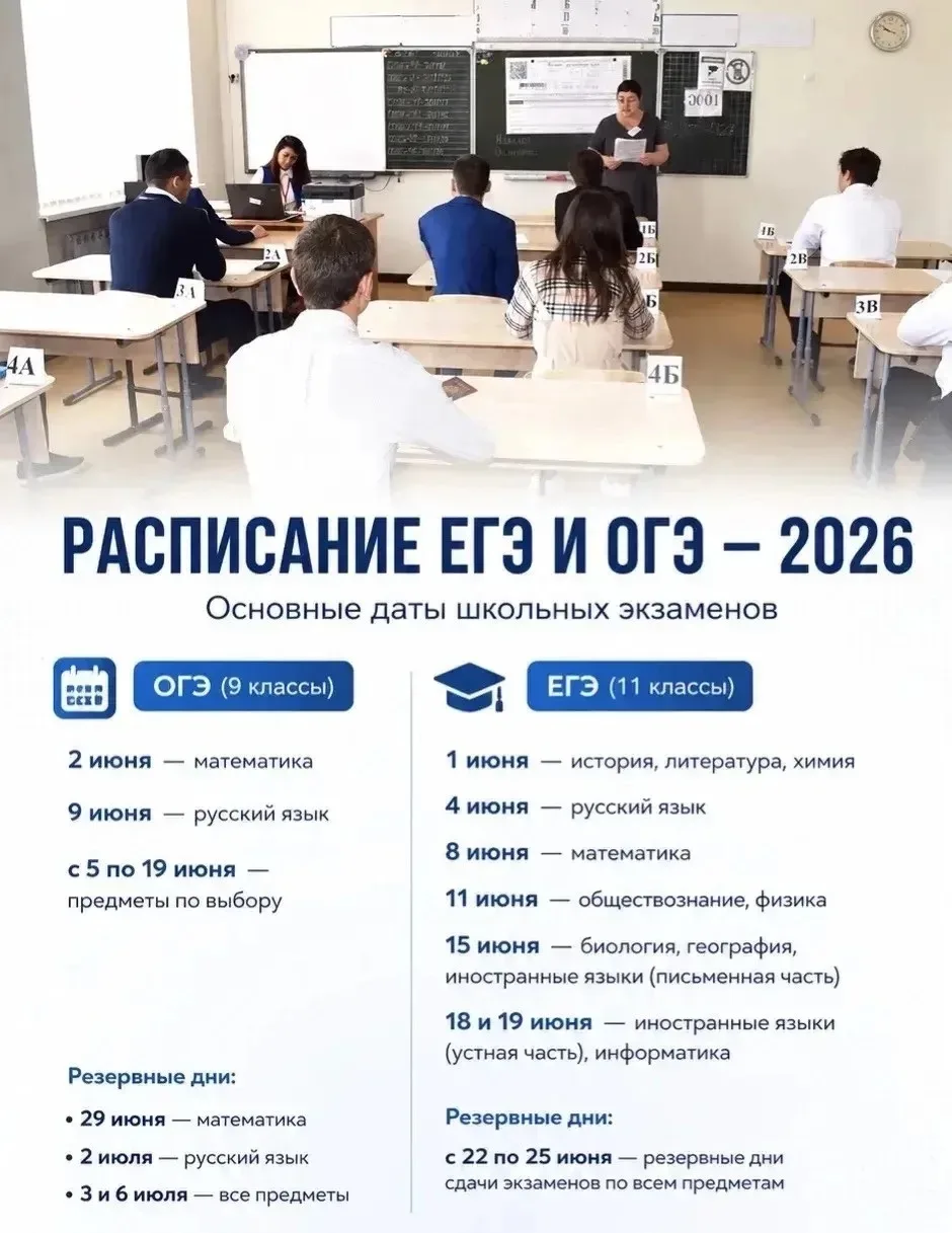 Расписание ЕГЭ и ОГЭ — 2026    Стали известны основные даты школьных экзаменов в 2026 году.    ОГЭ: 