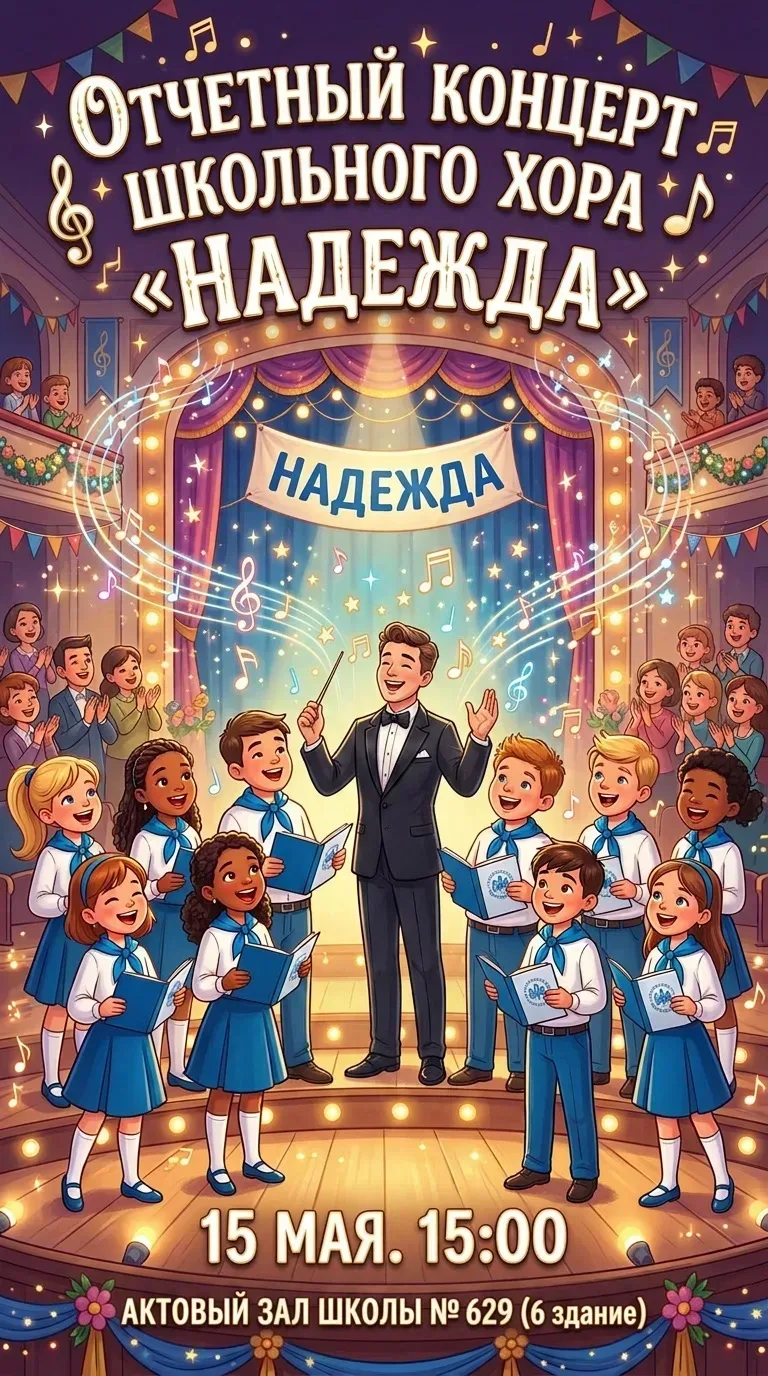 🎉 Отчётный концерт школьного хора «Надежда» уже скоро!   Приглашаем всех желающих на яркое музыкальн
