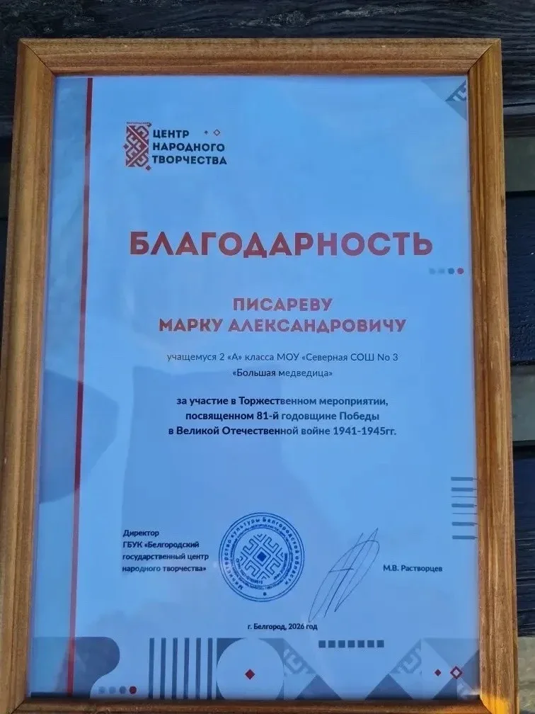 Обучающийся 2 «А» класса МОУ «Северная СОШ №3 «Большая Медведица» Писарев Марк принял участие в Торж