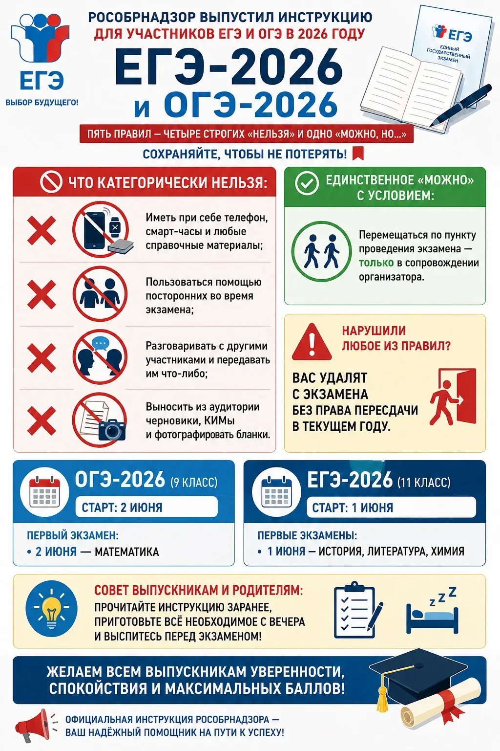📢 Рособрнадзор выпустил инструкцию для участников ЕГЭ и ОГЭ в 2026 году  Пять правил — четыре строги
