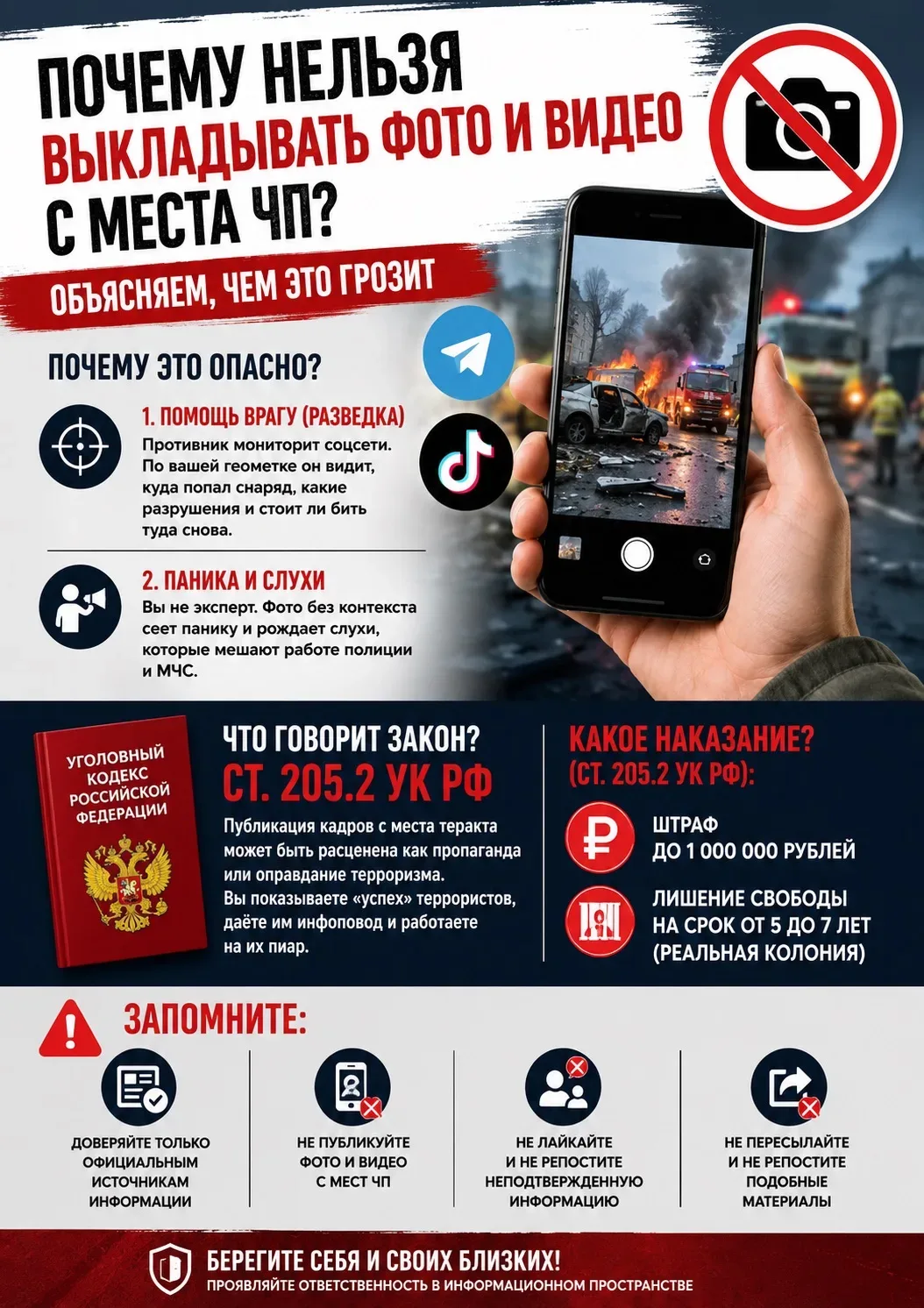 Почему нельзя публиковать фото и видео с места чрезвычайных происшествий?  Сегодня смартфон всегда п