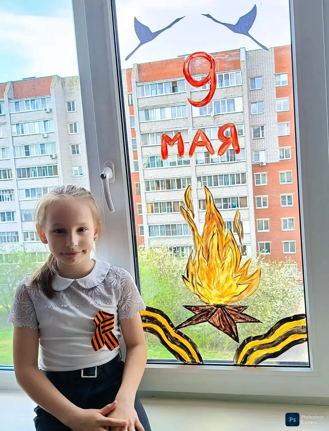 Ученики столичной школы №6 присоединились к масштабной акции «Окна Победы».  Силуэты журавлей, гвозд
