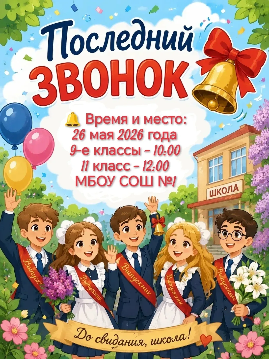 Последний звонок! 🎉🔔  26 мая 2026 г., МБОУ СОШ №1: 📍9-е классы — 10:00; 📍11-й класс — 12:00.  Торжес