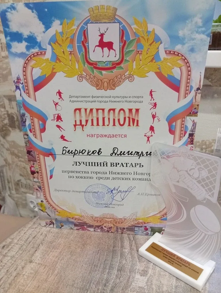 Поздравляем Бирюкова Дмитрия 7а кл. со званием лучшего вратаря в первестве города Нижнего Новгорода 