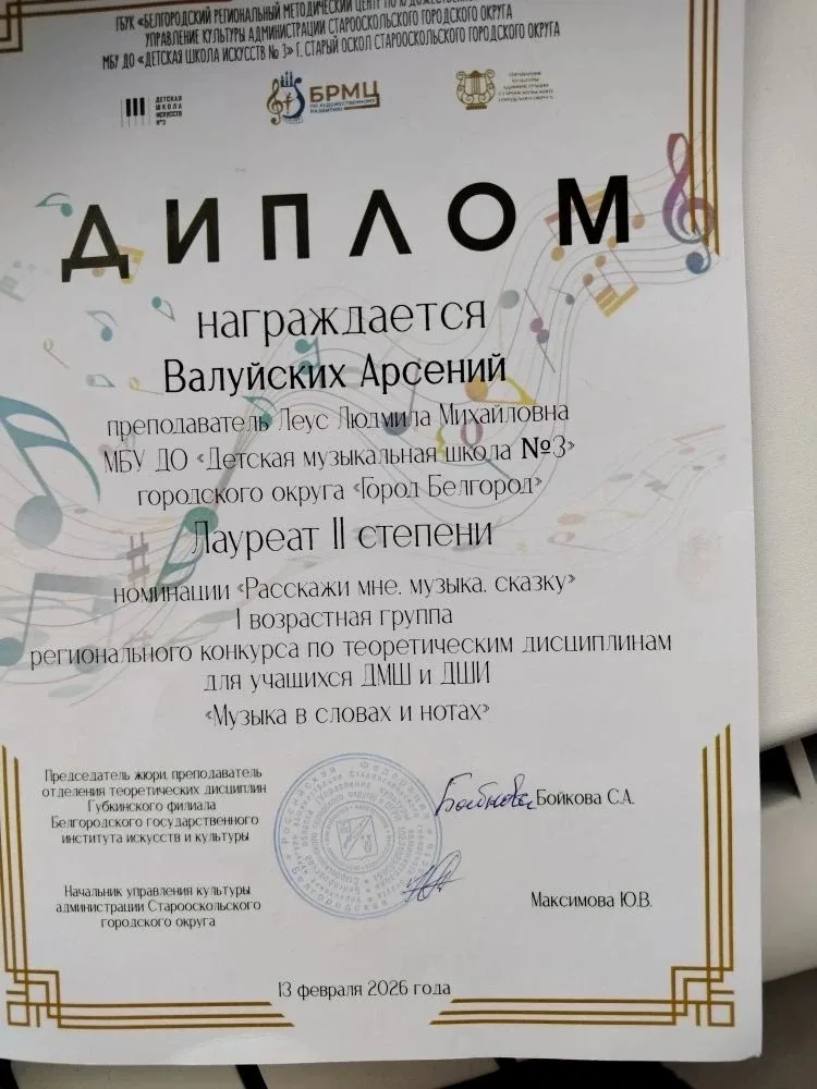Валуйский Арсений, ученик 3 "А" класса, стал лауреатом 1 степени Зонального тура регионального конку