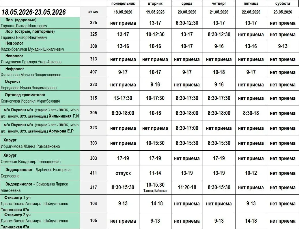 Предоставляем расписание специалистов детской поликлиники с 18.05.2026 г. по 23.05.2026 г. Напоминае