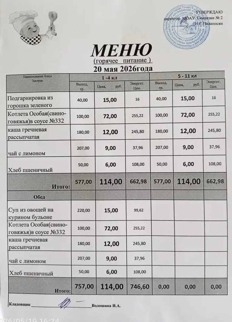 Школьное меню МОАУ ГИМНАЗИЯ 2 20.05.2026