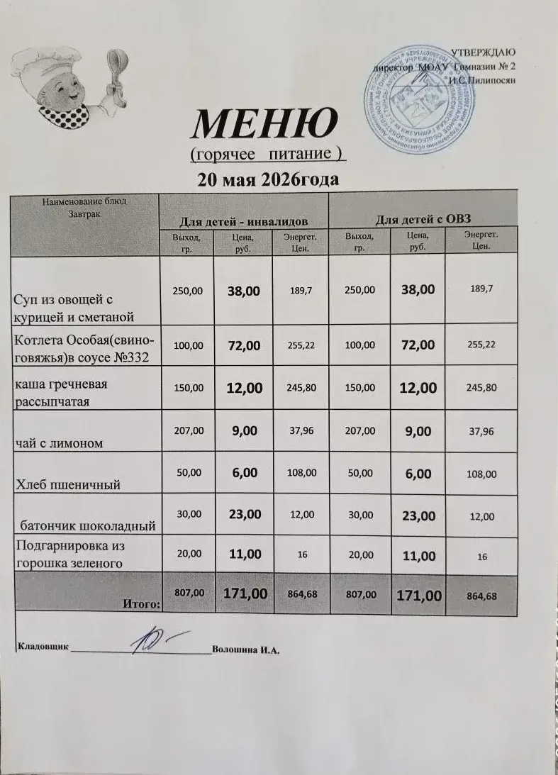Школьное меню МОАУ ГИМНАЗИЯ 2 20.05.2026