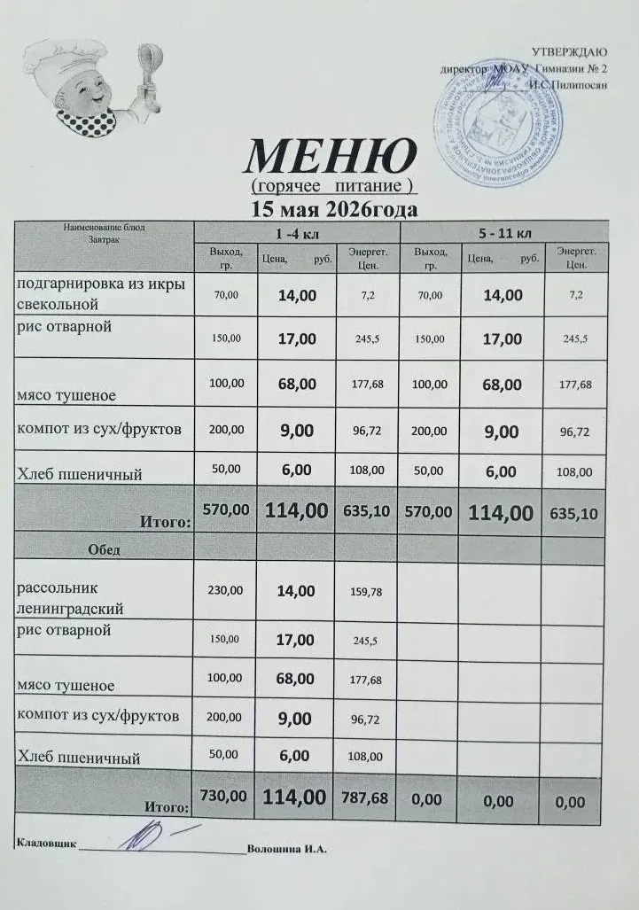 Школьное меню МОАУ ГИМНАЗИЯ 2 15.05.2026