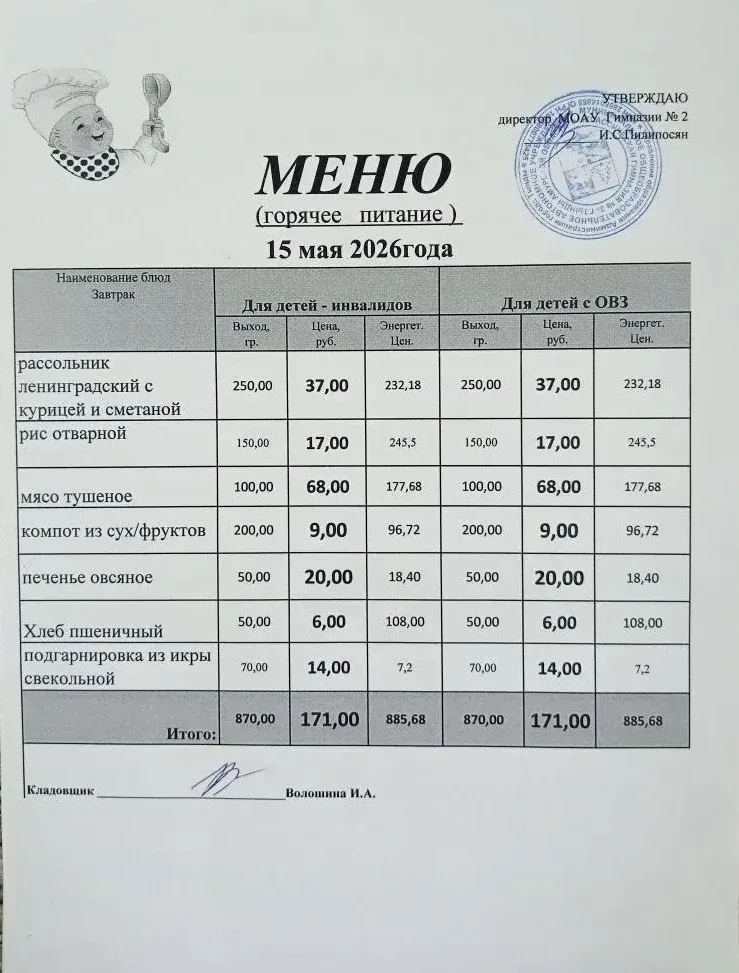 Школьное меню МОАУ ГИМНАЗИЯ 2 15.05.2026