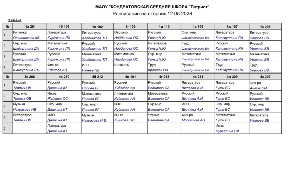 Расписание Вторник 12.05