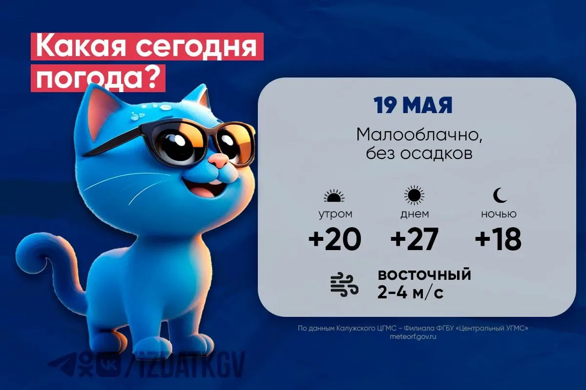☀️ Доброе утро, калужане! Погода на утро и день 19 мая, а также в ночь с 19 на 20 мая  Хорошего дня!