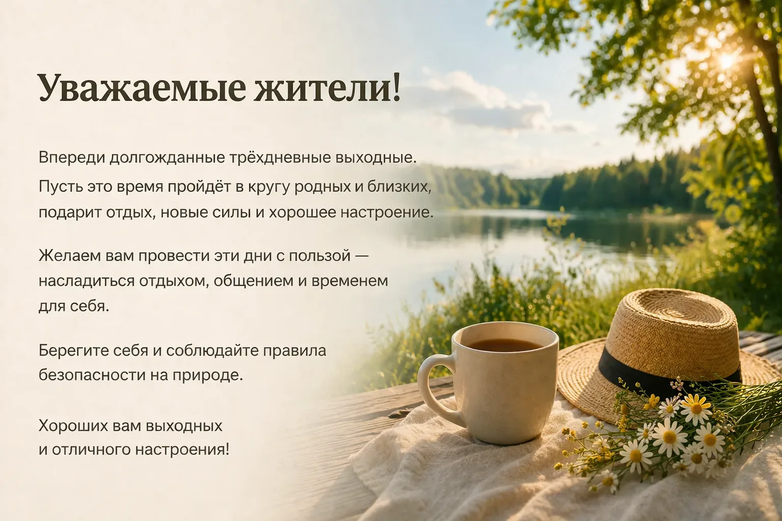 Уважаемые жители!  Впереди долгожданные трёхдневные выходные!👍 Пусть это время пройдёт в кругу родны
