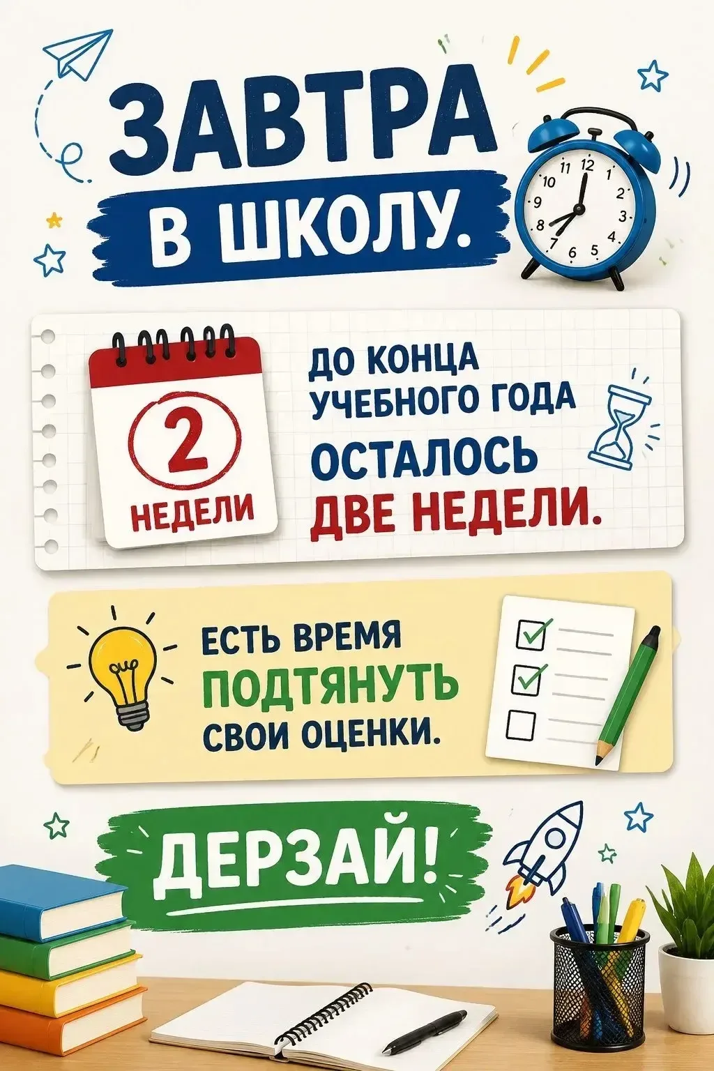 🔔 Напоминаем: завтра в школу!  Не забудьте поставить будильник и собрать портфель.  До конца учебног