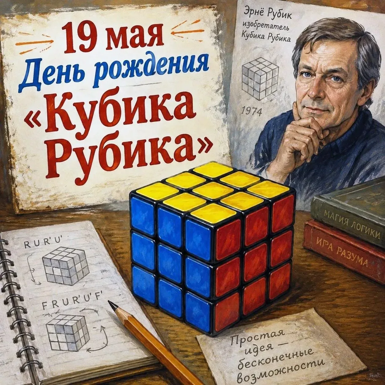 🎲 19 мая — День рождения Кубика Рубика Именно в этот день в 1974 году венгерский изобретатель Эрнё Р