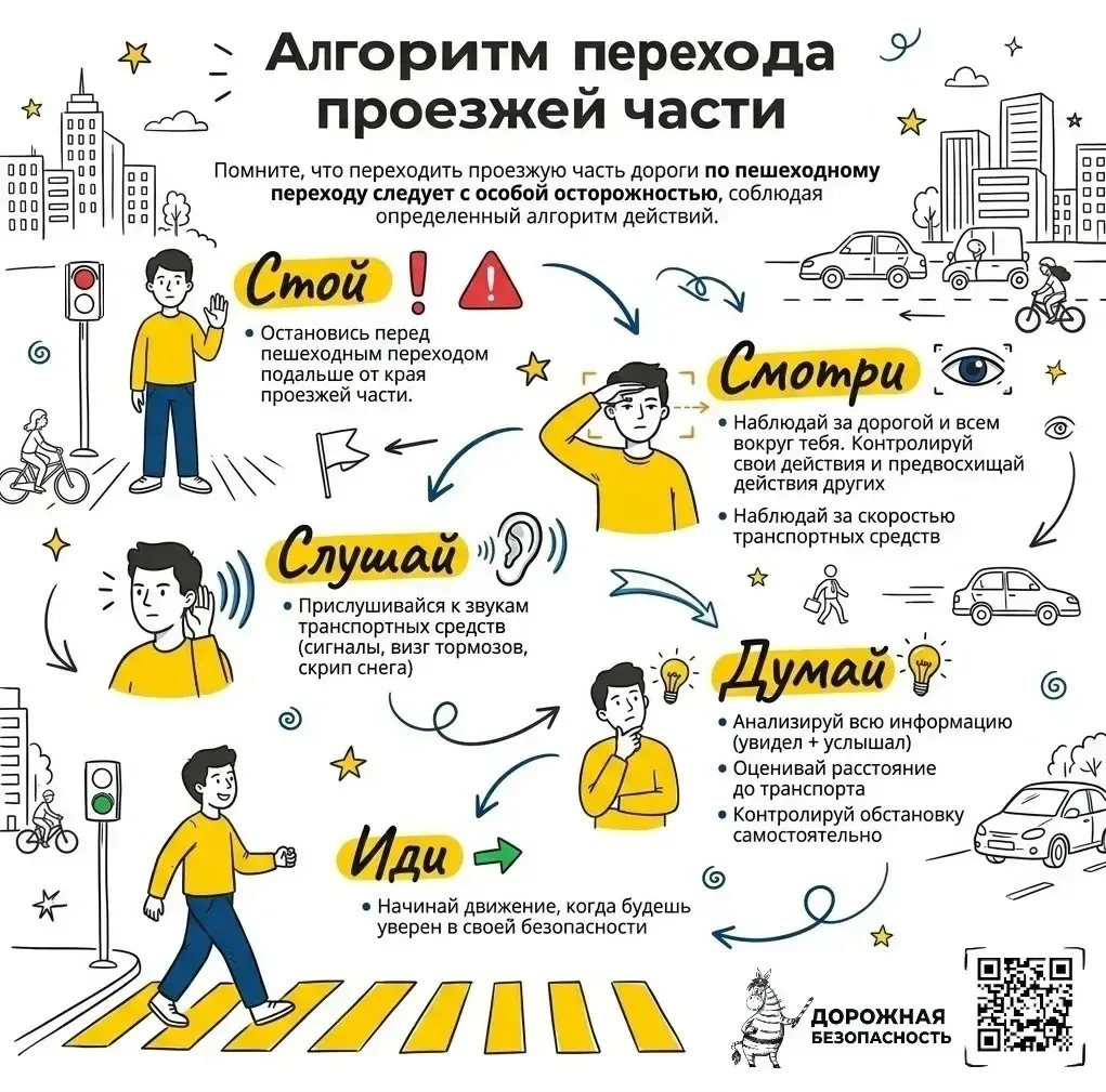 🛎️Внимание! Информация для детей и родителей!  Алгоритм перехода проезжей части:  ✅«Стой» – останови