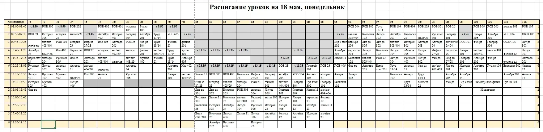 Расписание уроков на 18 мая (понедельник)