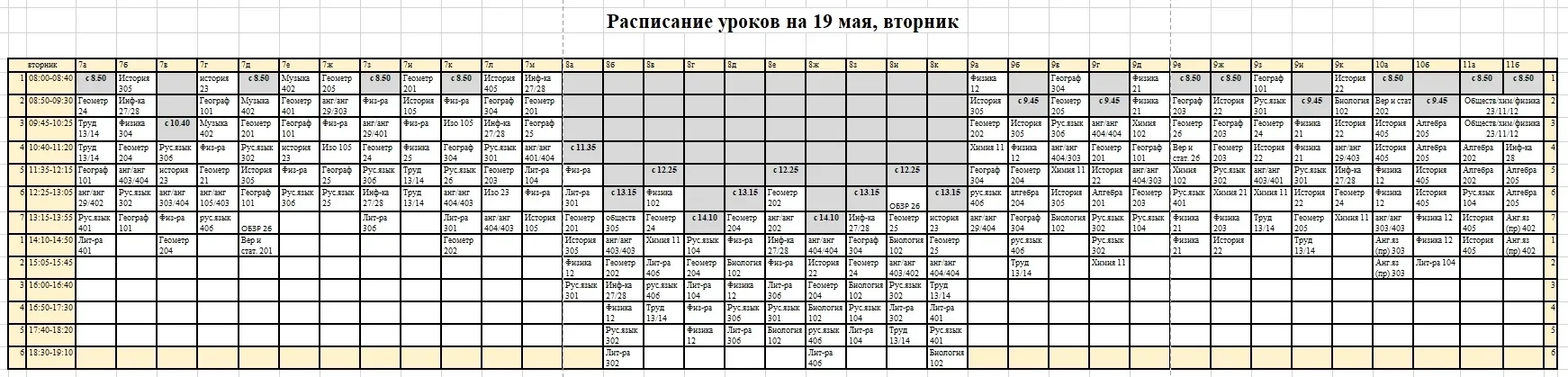 Расписание уроков на 19 мая (вторник)