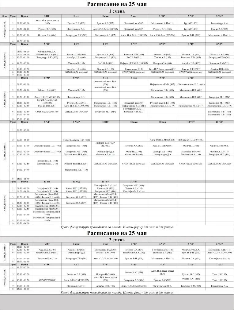 Расписание на 25 мая