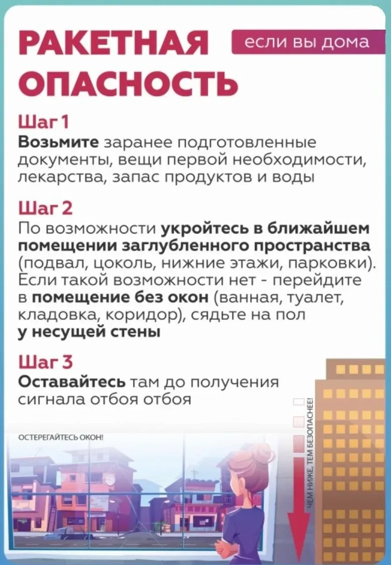 Ознакомьтесь с алгоритмом действий при объявлении угрозы ракетной и беспилотной опасности.  Берегите