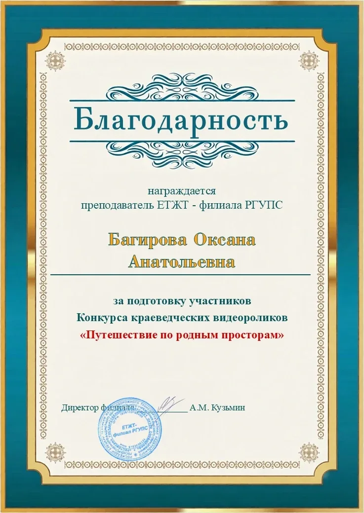🏆✨Итоги конкурса краеведческих видеороликов «Путешествие по родным просторам»    I место  1. Т.Н. Хр