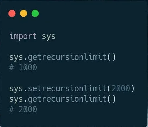 Получаем и задаем лимит рекурсии   В Python не оптимизируется хвостовая рекурсия, из-за чего зачасту