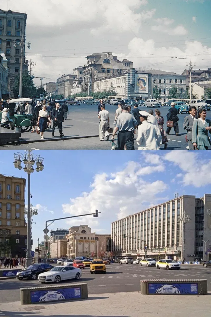 📍Пушкинская площадь.   1955/2025 год.  💡По центру верхнего снимка — кинотеатр «Центральный». За ним 