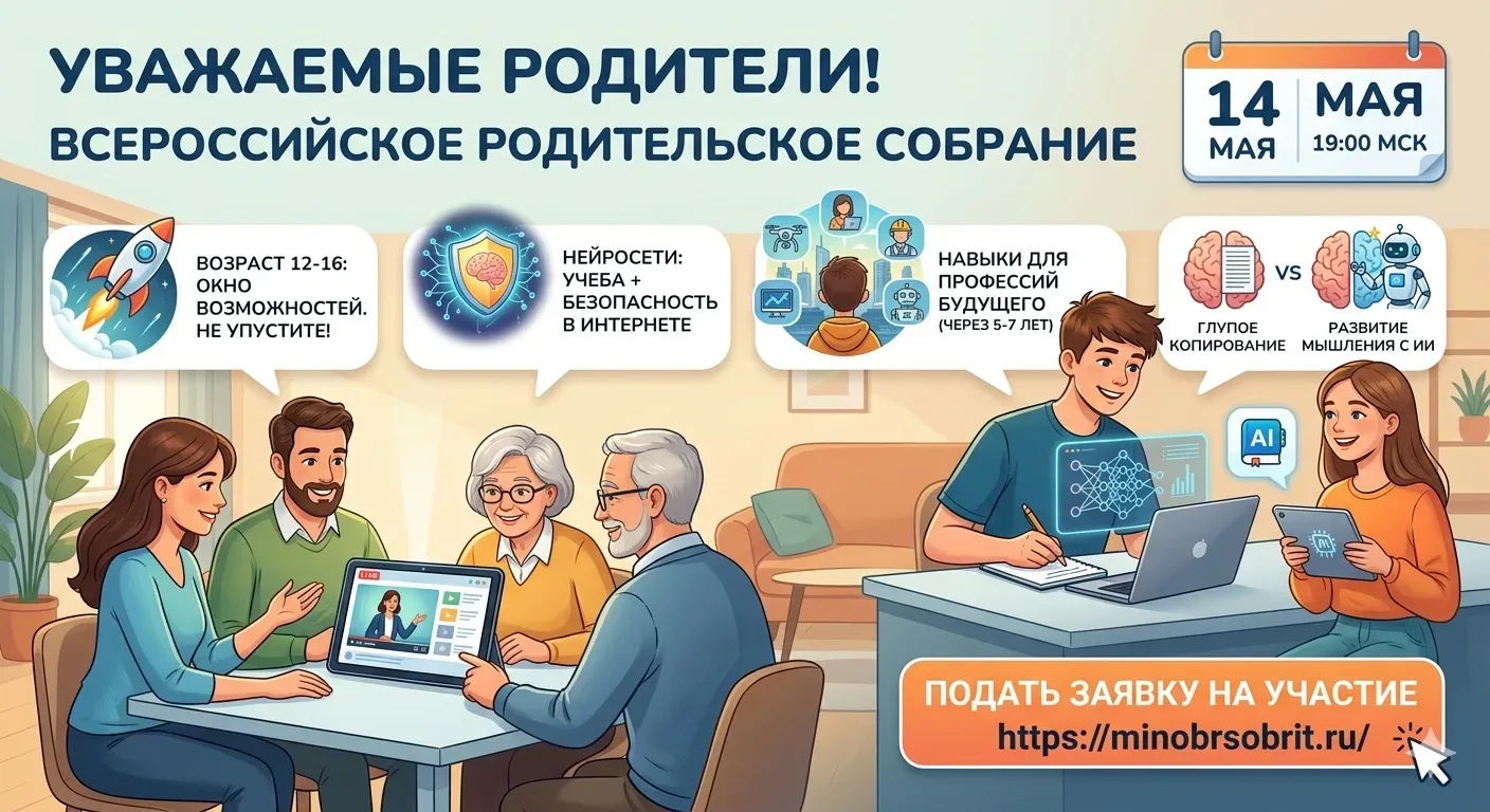 Уважаемые родители! 🧑‍🧑‍🧒‍🧒 14 мая в 19:00 по мск пройдет обязательное всероссийское родительское со