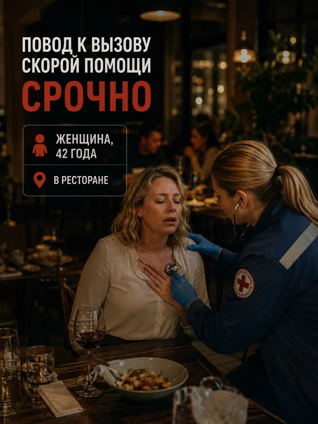 Повод к вызову: женщина, 42 года — «плохо в ресторане». Вечер, шумный зал, люди за столиками, музыка