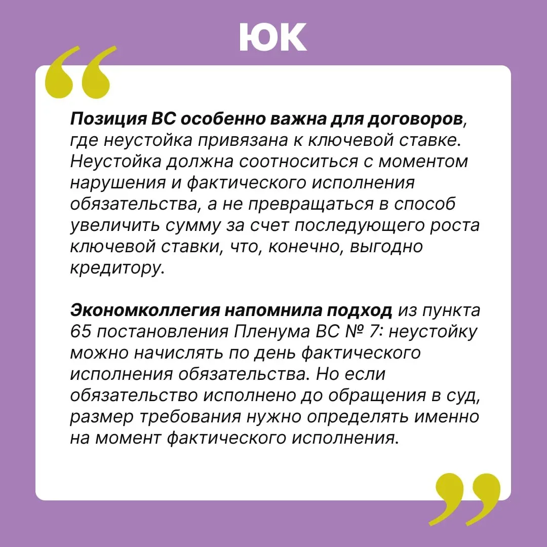 Неустойку нужно считать по ставке на дату фактического исполнения, а не по ставке, действующей на мо